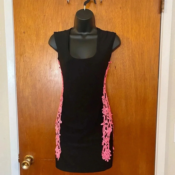Symphony Black Dress Pink Open Cutout Stitch Sides Bodycon Mini Dress Size Small - Picture 9 of 15